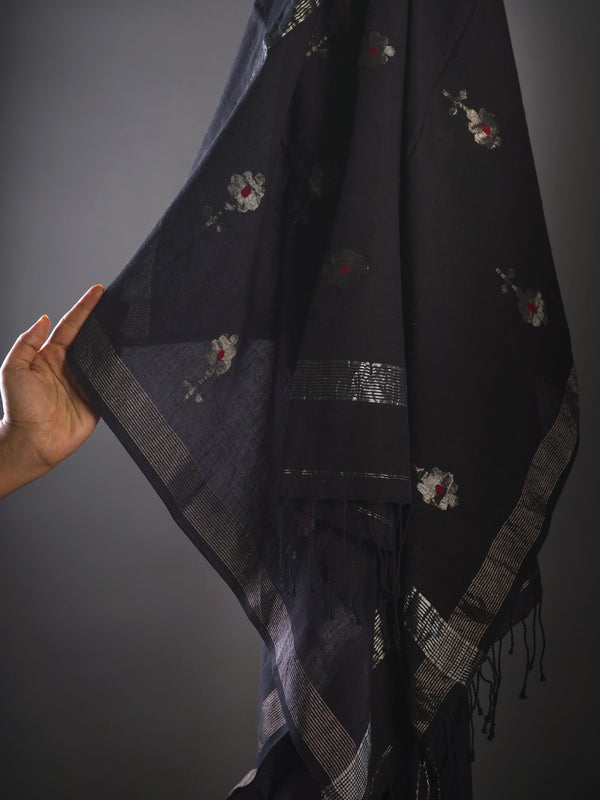 Black Handloom Jamdani Cotton Saree With Zari