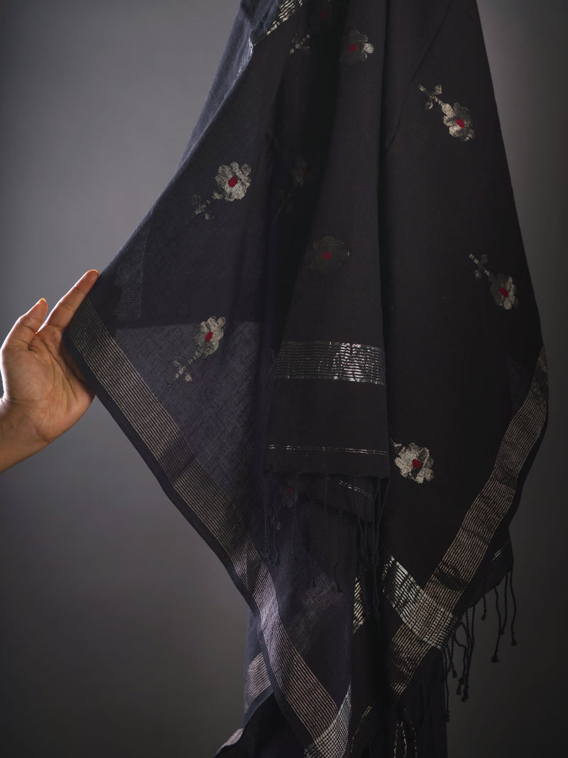 Black Handloom Jamdani Cotton Saree With Zari