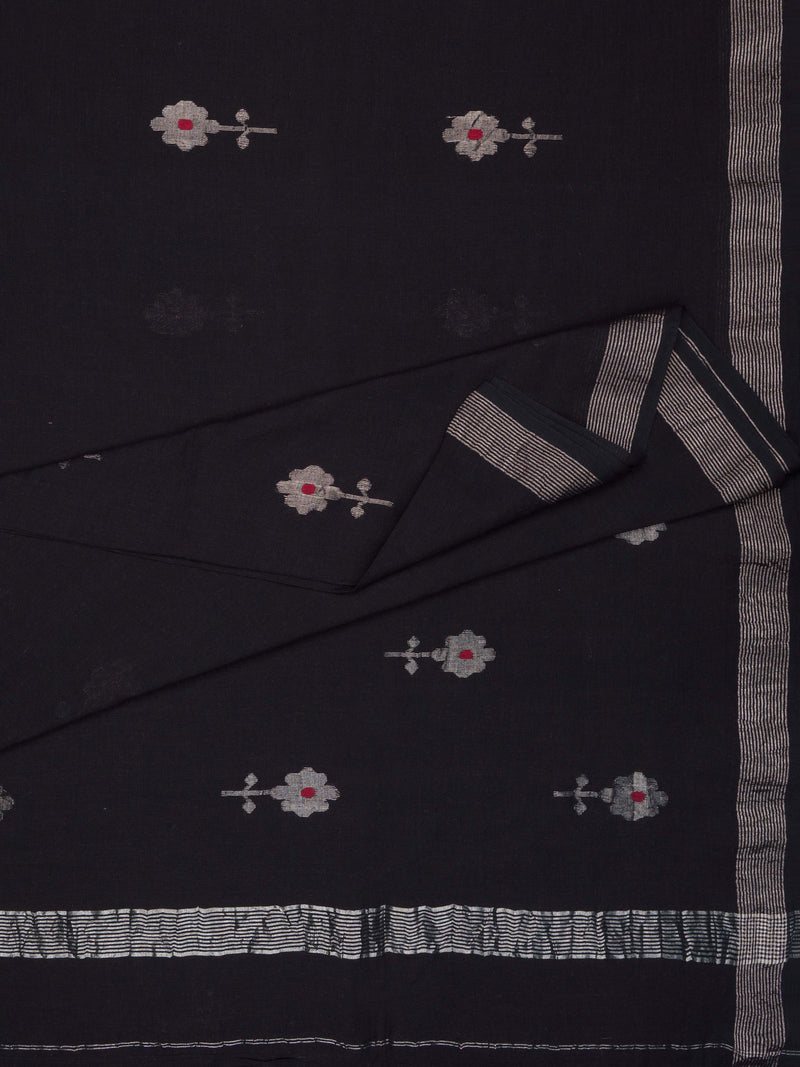 Black Handloom Jamdani Cotton Saree With Zari