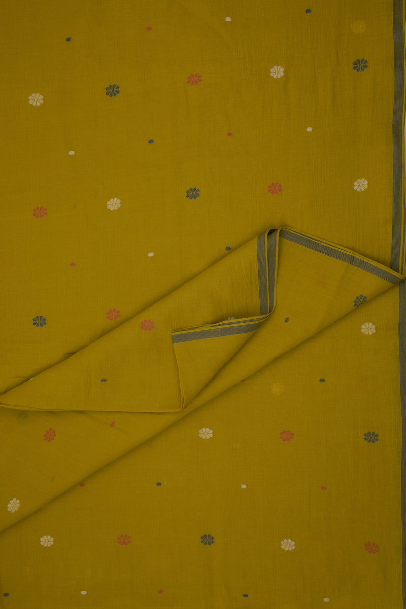 Lightweight Jamdani fabric in yellow with floral motifs, perfect for creative textile use.