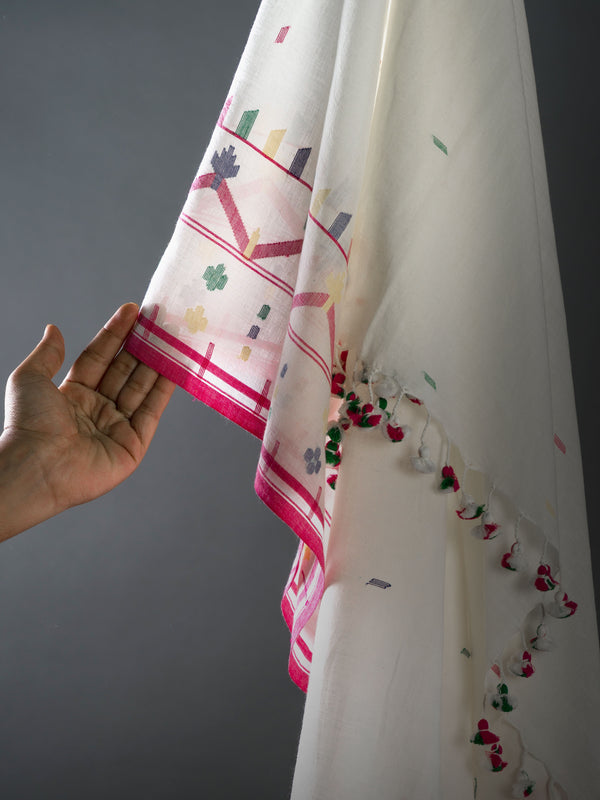 close-up of multicolor jamdani motifs on white handwoven cotton saree with pink selvedge.