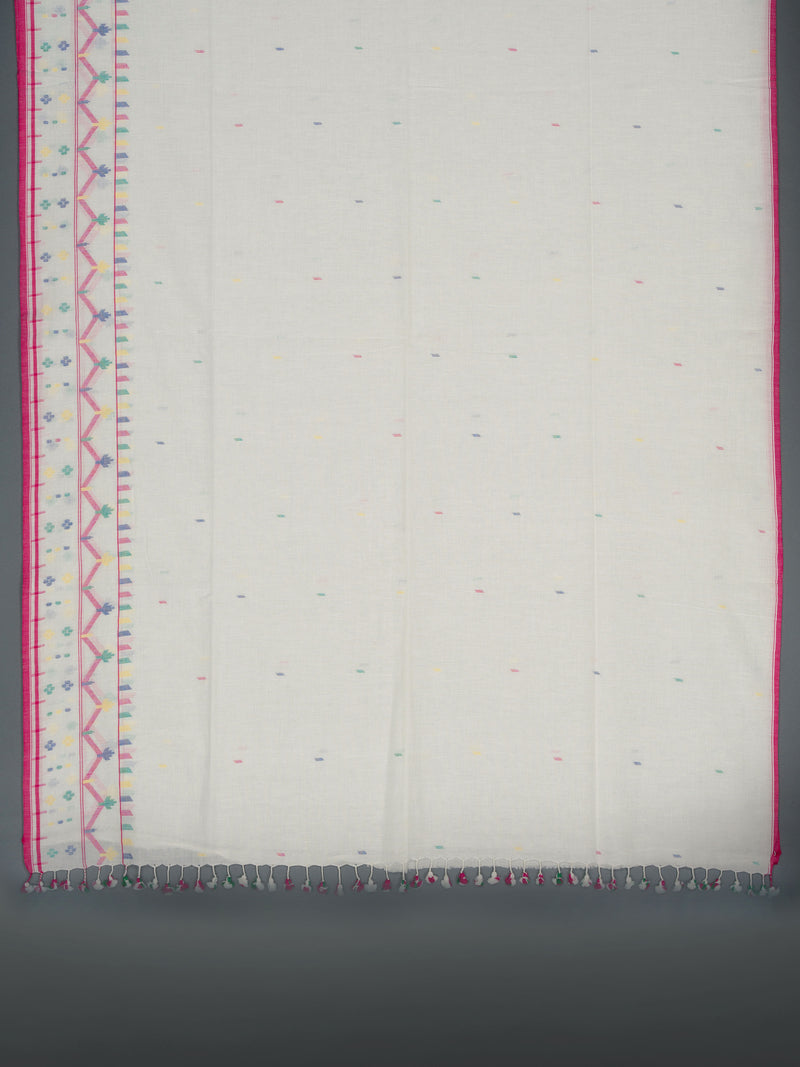 VarsaaEdit white jamdani cotton saree with pink border and artisanal multicolor motifs, handwoven in Bengal.