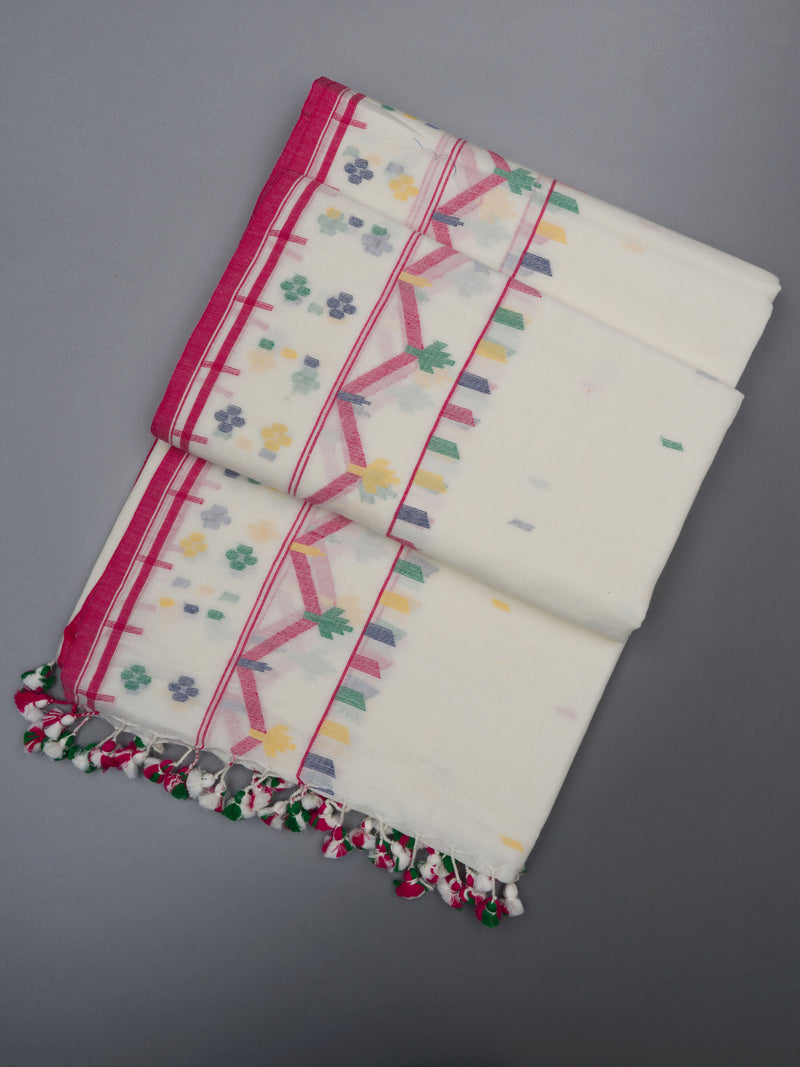 Elegant handloom jamdani saree in white with vibrant multicolor weaving and handmade tassels.
