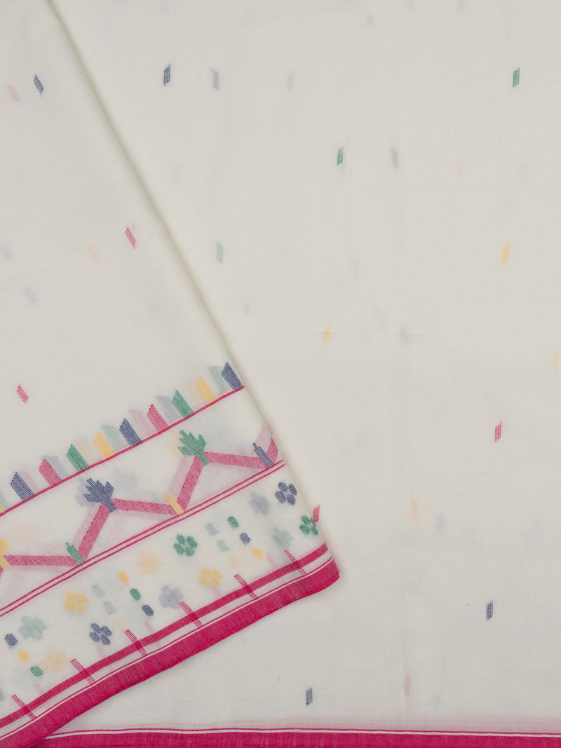 Traditional jamdani weave saree with pink border and multicolor geometric detailing.