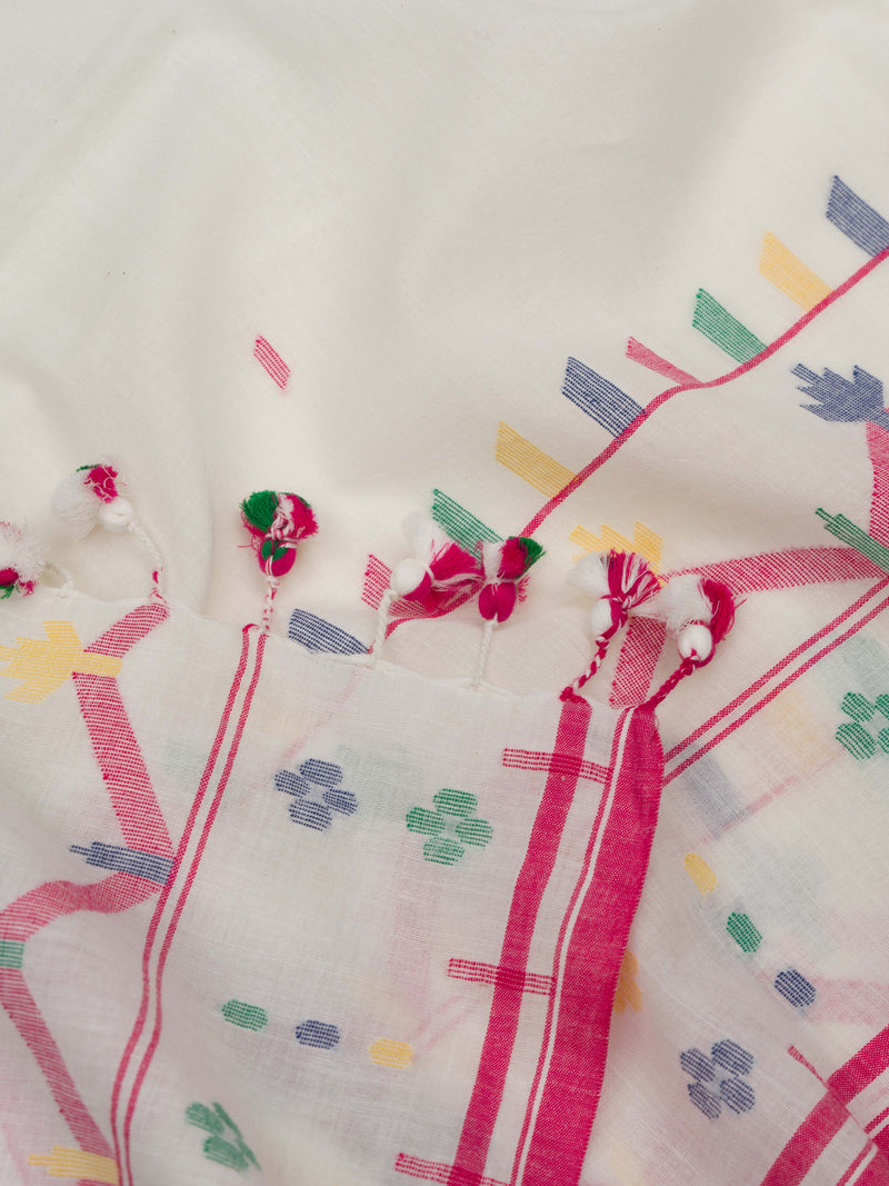 Bengal handwoven jamdani saree in white with colorful motifs and pink tassel finish.