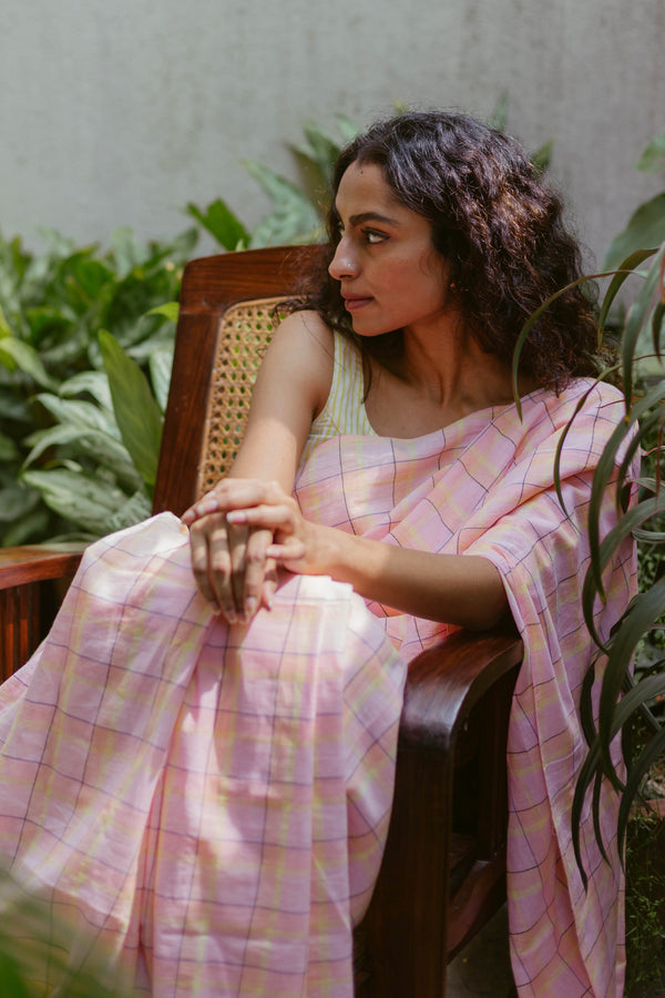 peach lemon yellow checks jamdani saree