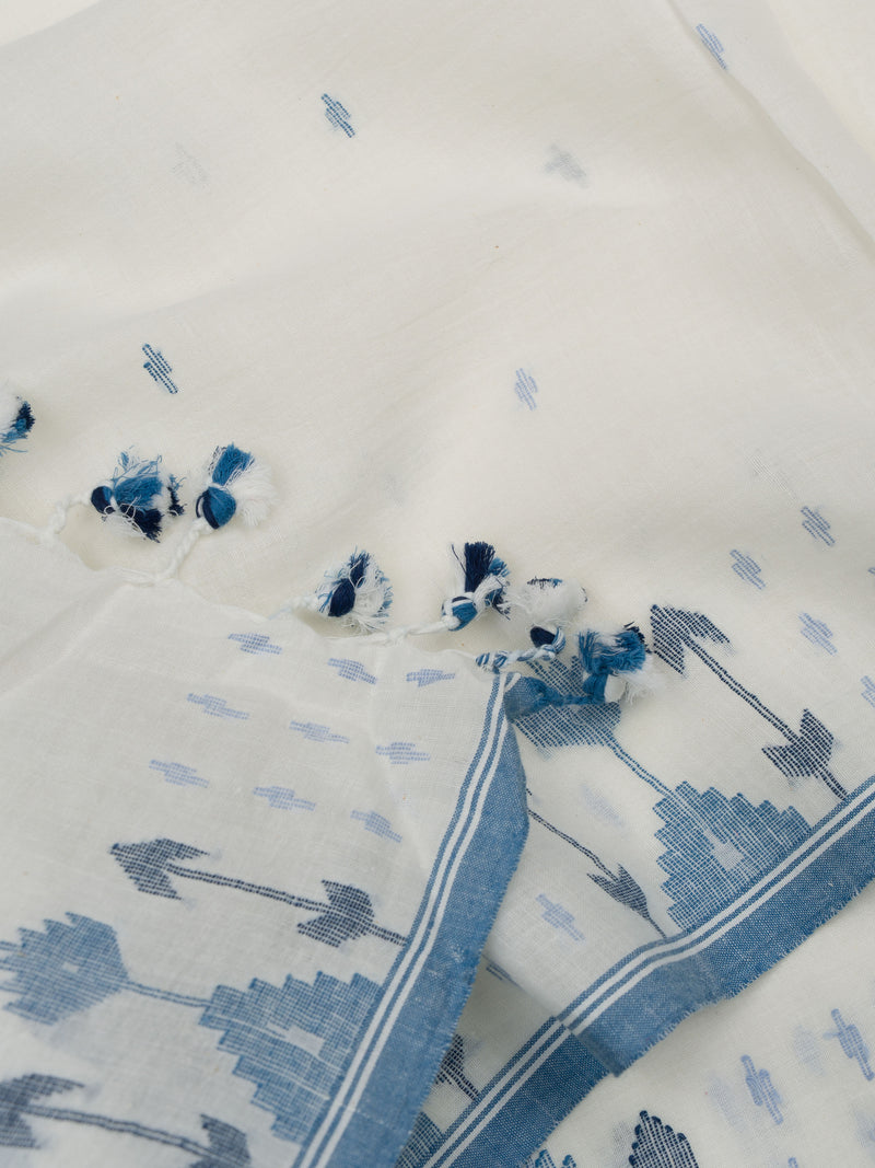 White Handloom Cotton Jamdani Saree with Indigo Motifs
