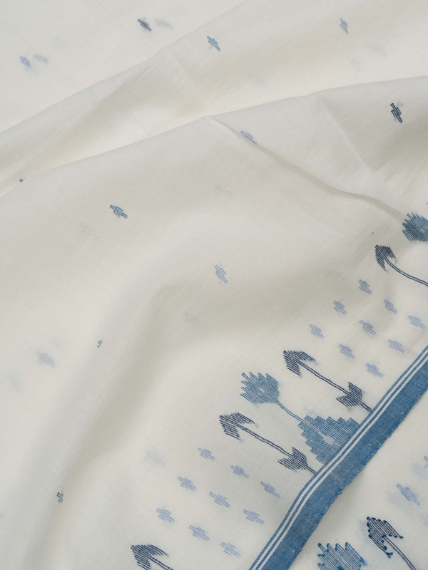 White Handloom Cotton Jamdani Saree with Indigo Motifs