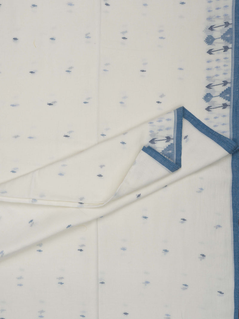 White Handloom Cotton Jamdani Saree with Indigo Motifs