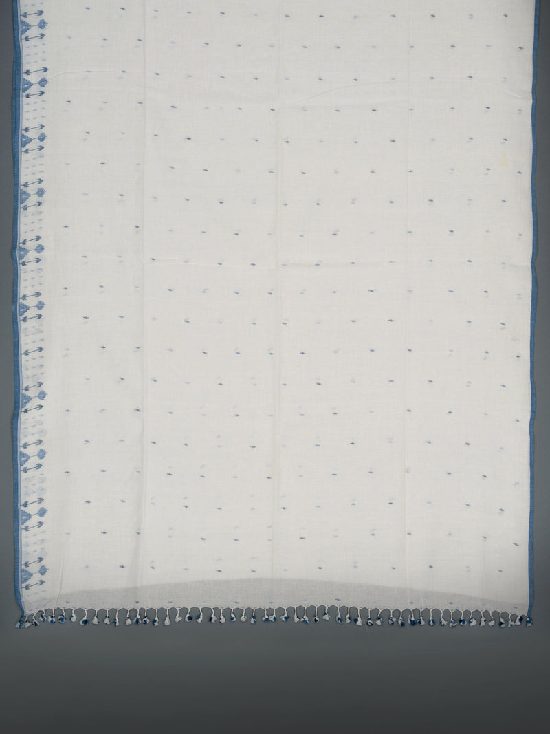 White Handloom Cotton Jamdani Saree with Indigo Motifs