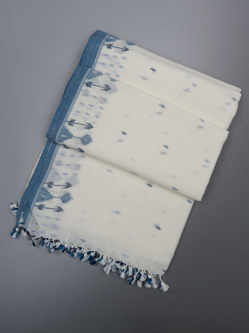 White Handloom Cotton Jamdani Saree with Indigo Motifs