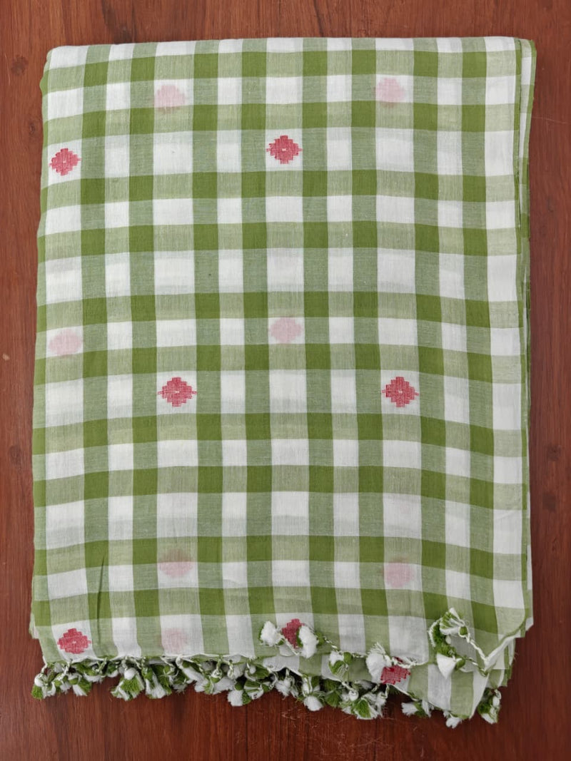 Green Checks Handloom Cotton Saree With Pink Jamdani Motifs