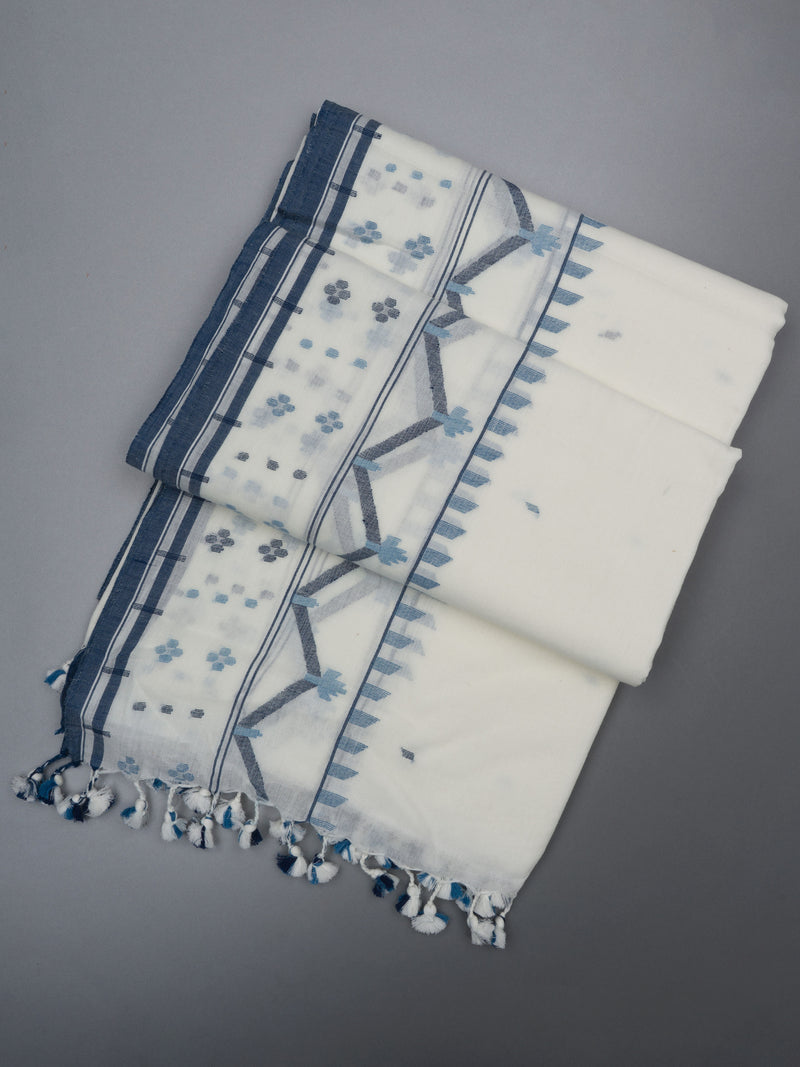 White Handloom Cotton Jamdani Saree with Traditional Border