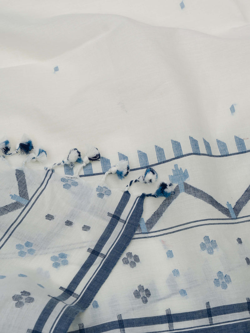 White Handloom Cotton Jamdani Saree with Traditional Border
