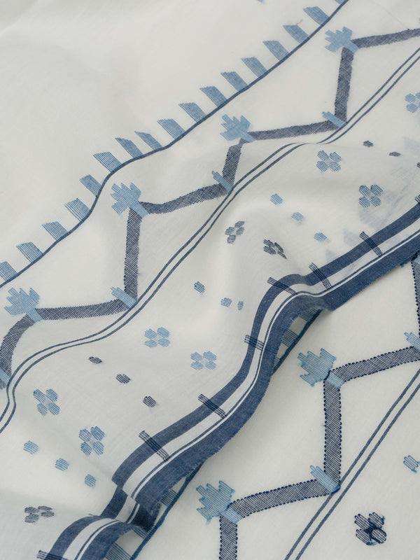 White Handloom Cotton Jamdani Saree with Traditional Border
