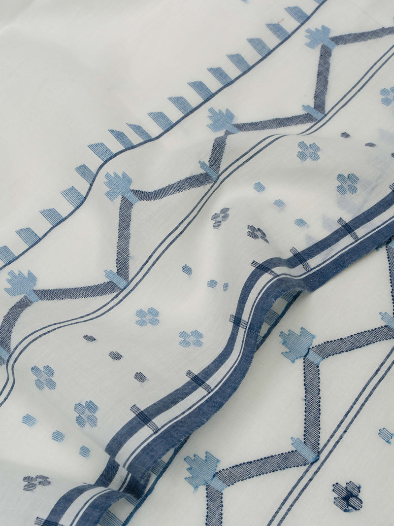 White Handloom Cotton Jamdani Saree with Traditional Border