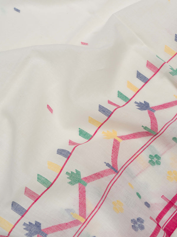 White handloom cotton jamdani saree with multicolor floral motifs and pink geometric border from VarsaaEdit