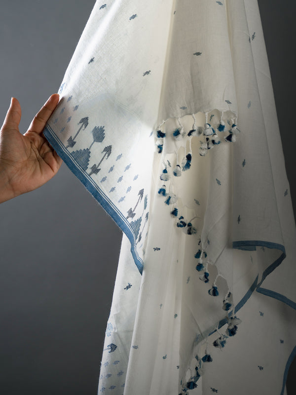 White Handloom Cotton Jamdani Saree with Indigo Motifs
