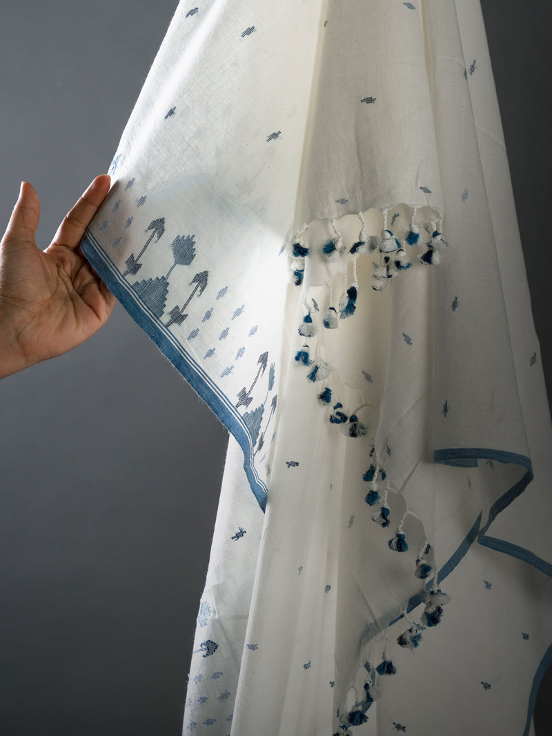White Handloom Cotton Jamdani Saree with Indigo Motifs