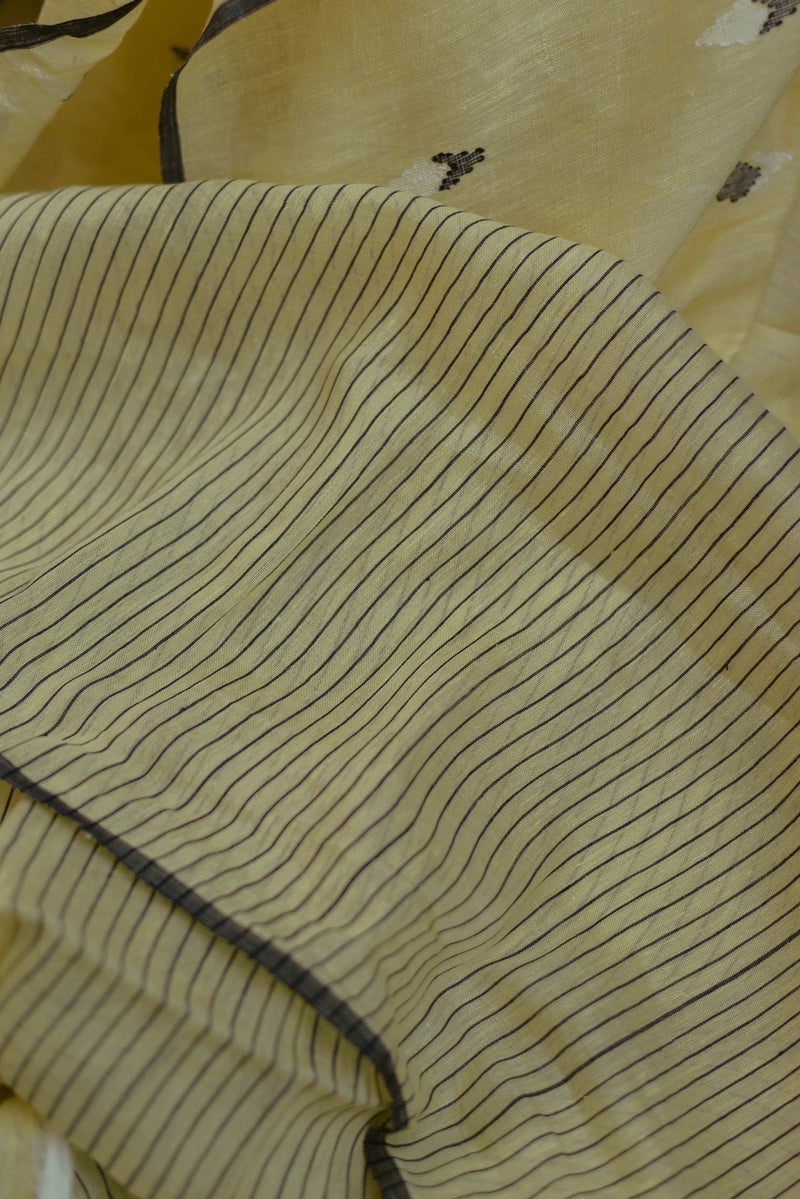 Artisan-crafted Handloom Linen Jamdani Saree in Lemon Yellow with contrast finish