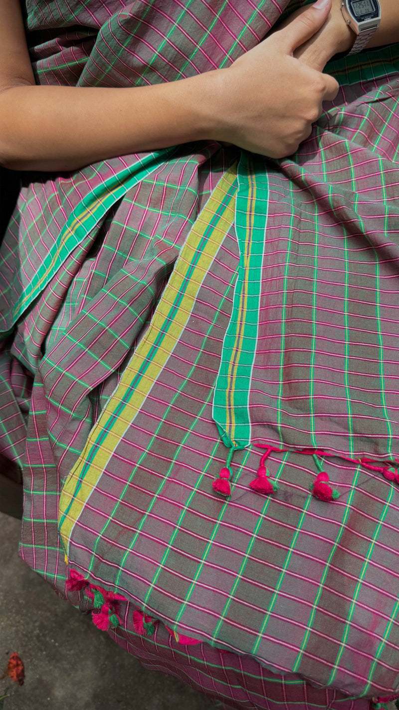 Authentic checked cotton saree with green border and handcrafted detailing