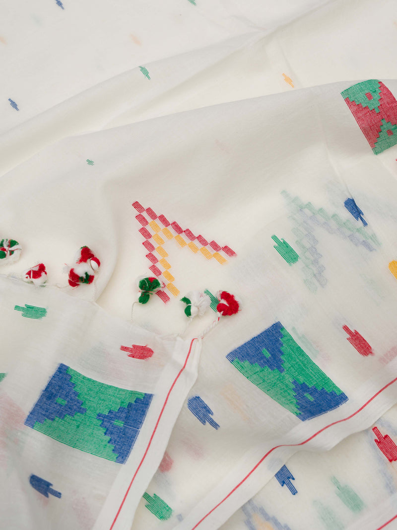 jamdani weave saree with colorful geometric patterns on it for diwali wear from varsaaedit