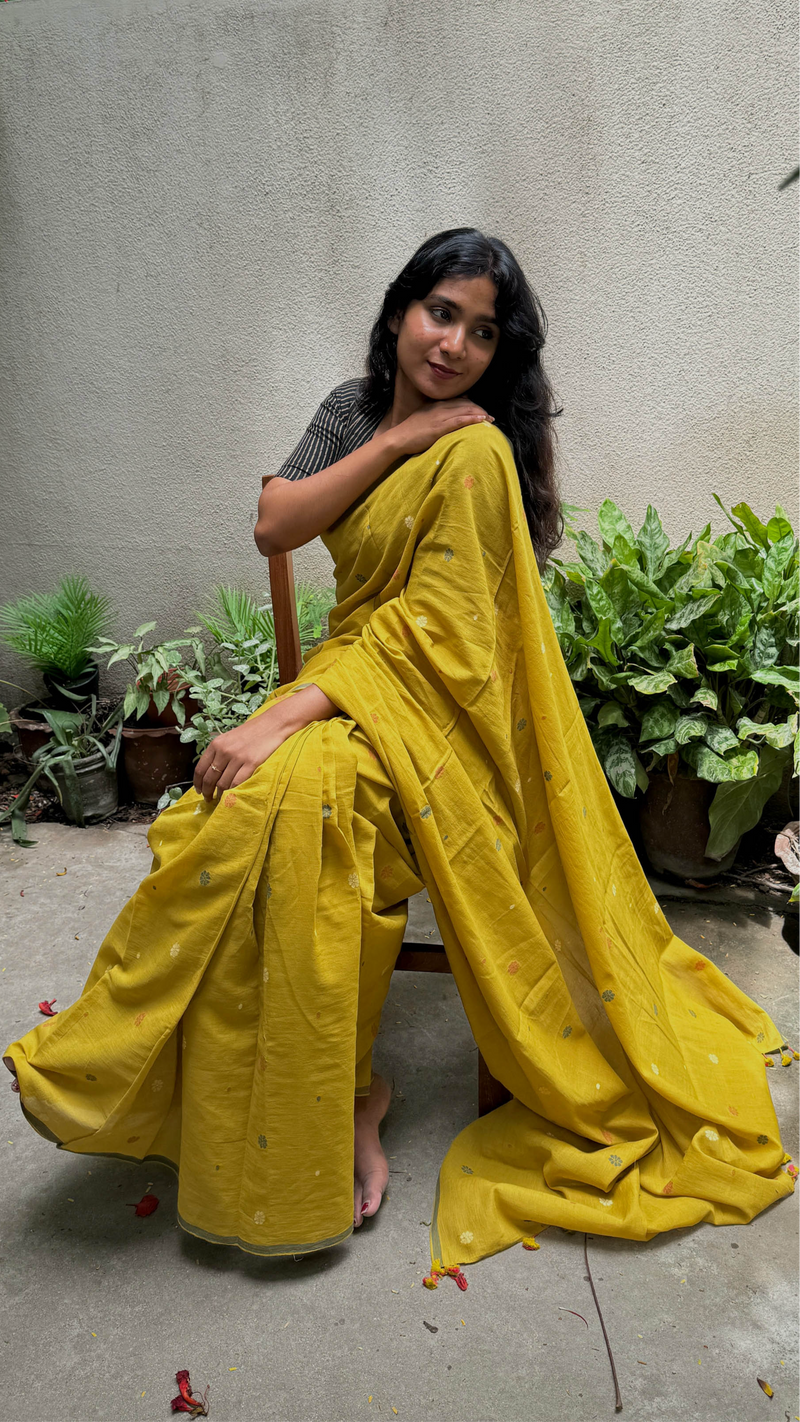 Back View of Yellow Multicolour Floral Jamdani Saree with Tassels