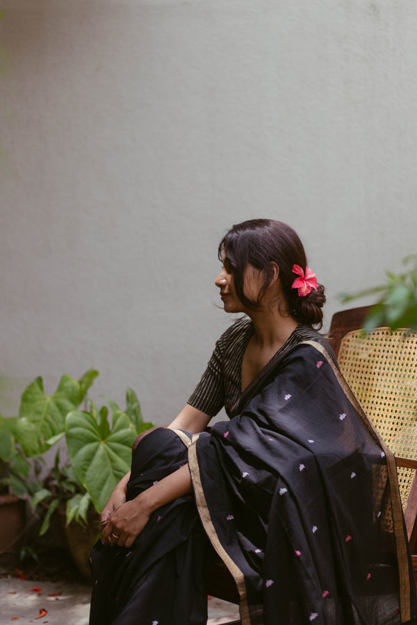Handwoven Black Khadi Jamdani Saree with Floral Border