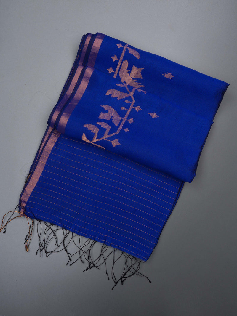 Varsaaedit pure silk jamdani saree with antique golden zari detailing and striped blouse.
