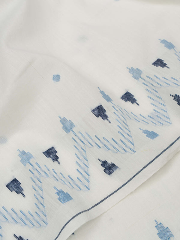 Classy white and indigo cotton Jamdani saree with geometric motifs and contrast border, flat lay close-up