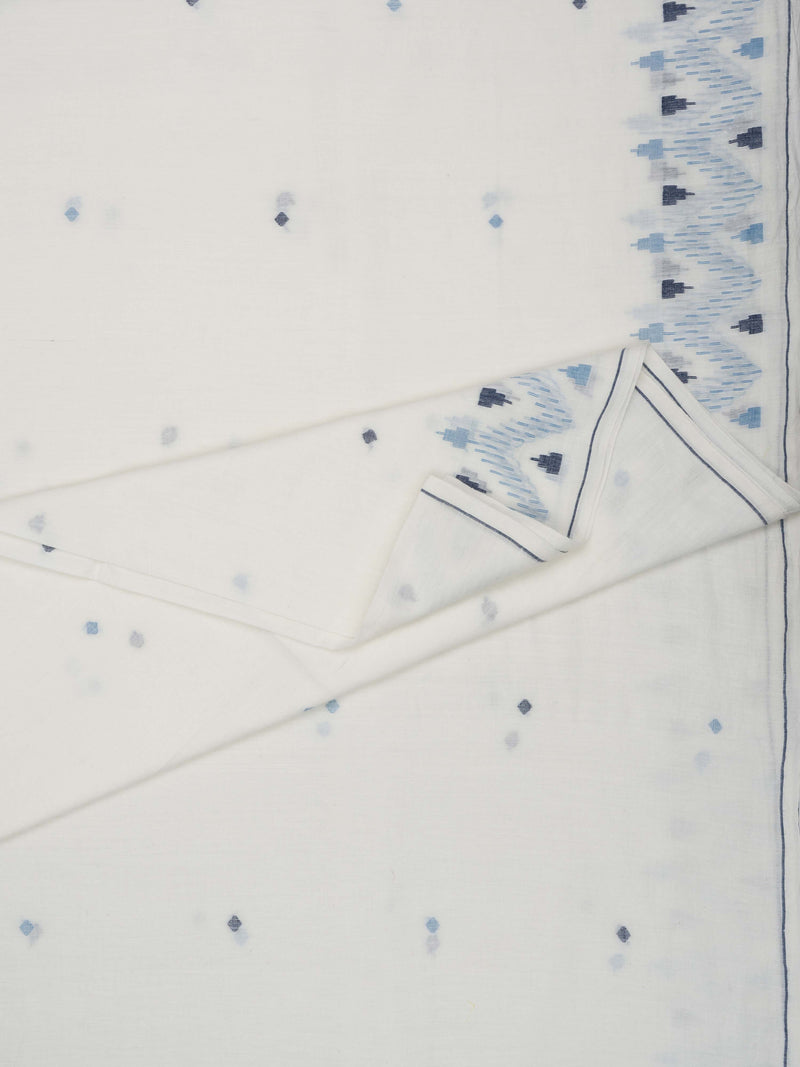 Product photo of classy white and indigo Jamdani saree, soft cotton fabric with artisan handloom finish by varsaaedit