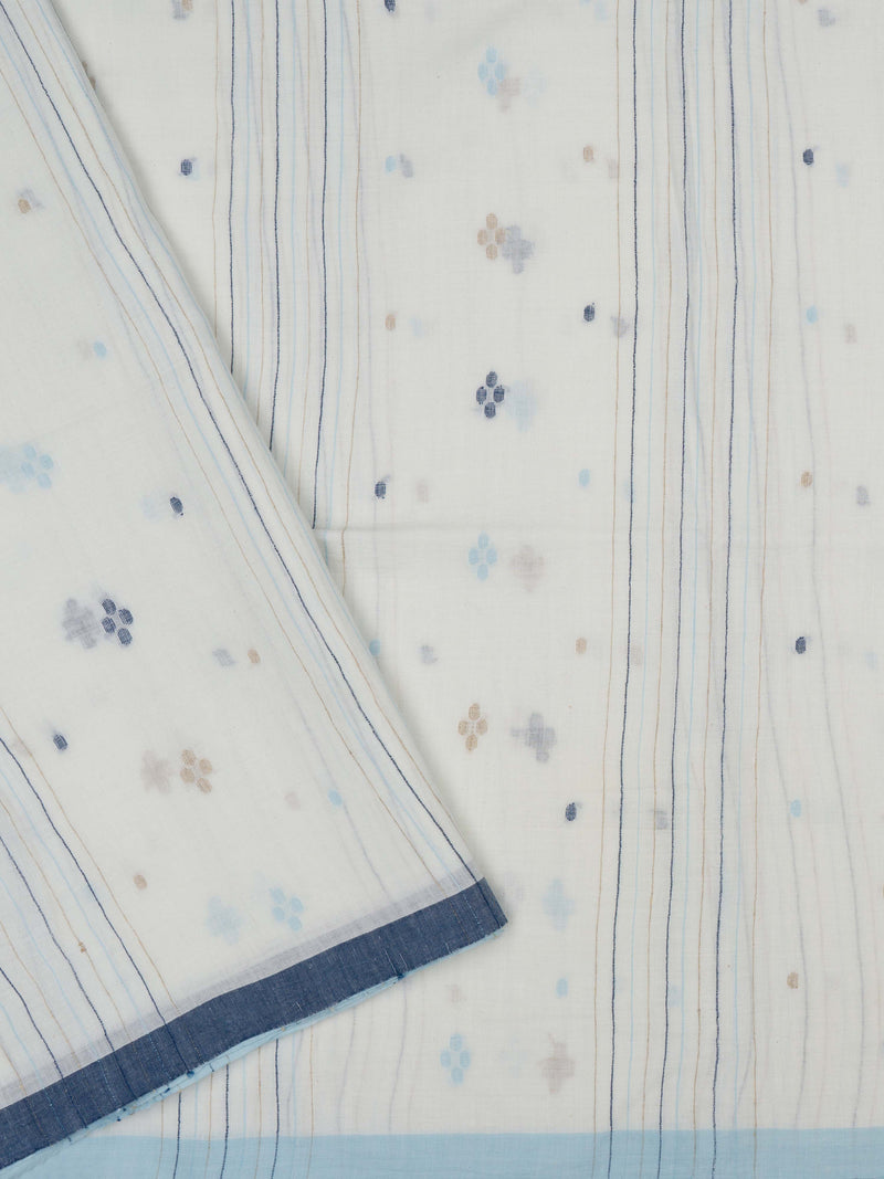 Close-up of the saree's dual indigo borders highlighting the fine Jamdani weave from varsaaedit