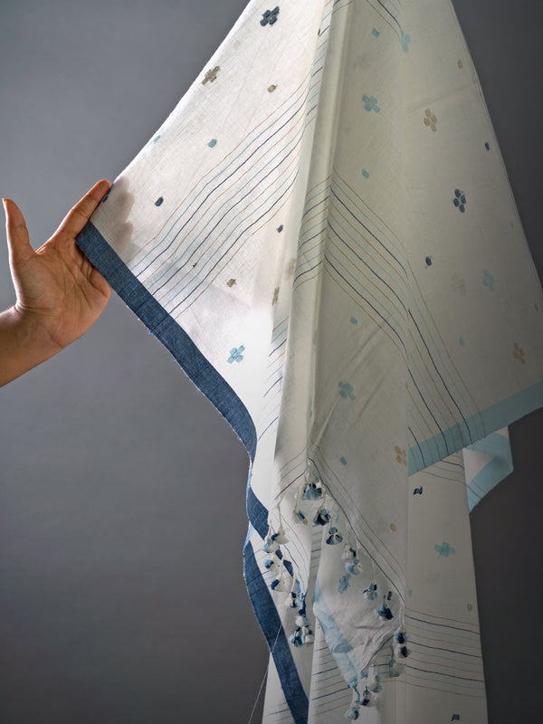 Close-up of white cotton saree featuring delicate indigo and beige floral Jamdani motifs from varsaaedit