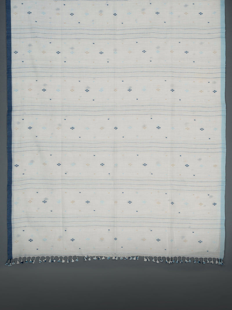Close-up of the saree's striped patterns in soft indigo tones from varsaaedit
