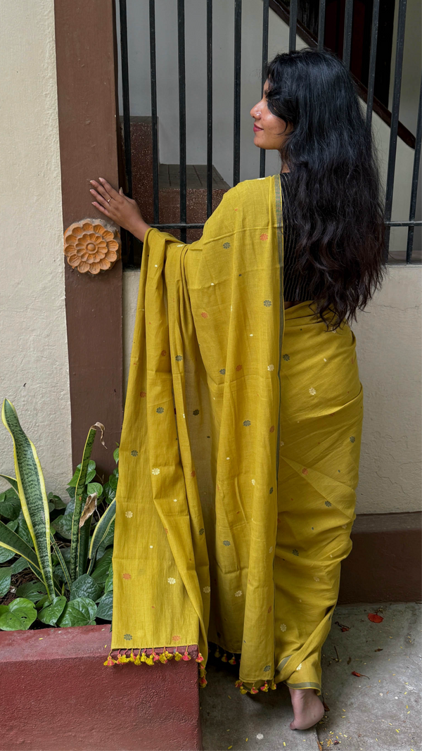Close-Up of Yellow Floral Cotton Jamdani Saree with Colorful Embroidery