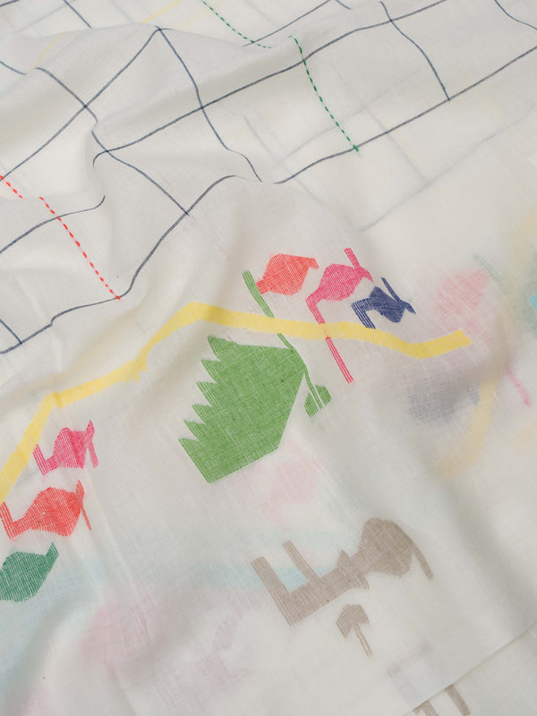 Close-up of colorful handwoven cotton Jamdani saree with geometric multicolor checks and tassels varsaaedit