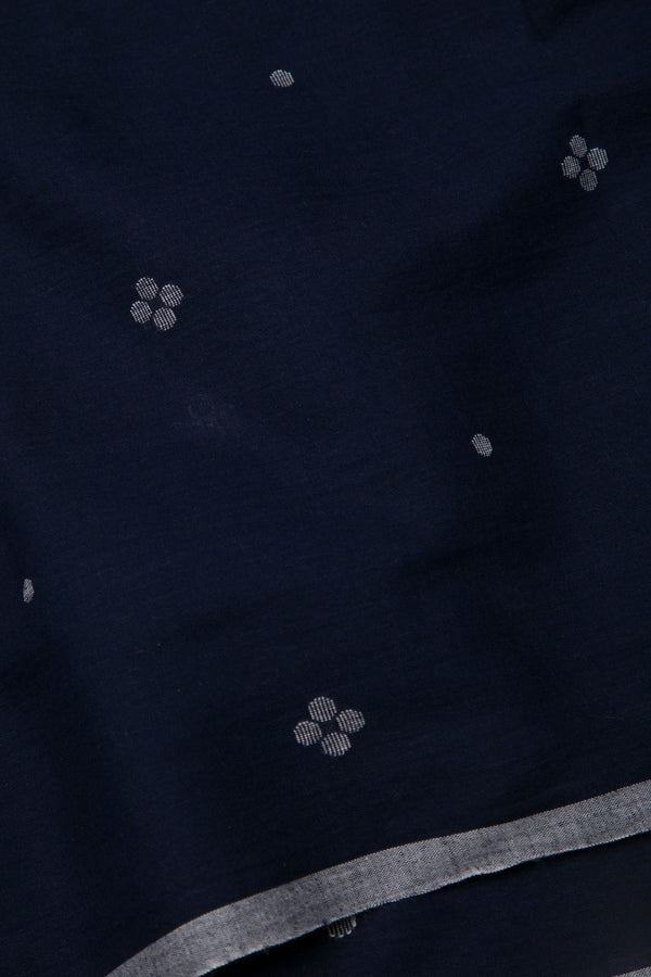 Dark indigo handwoven Jamdani fabric with tiny floral motifs and grey selvedge, 1.5 meter cotton yard for blouse or dress making