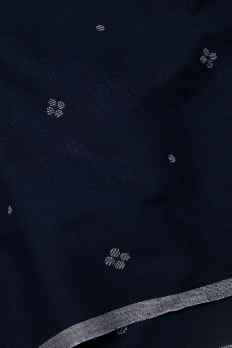 Dark indigo handwoven Jamdani fabric with tiny floral motifs and grey selvedge, 1.5 meter cotton yard for blouse or dress making