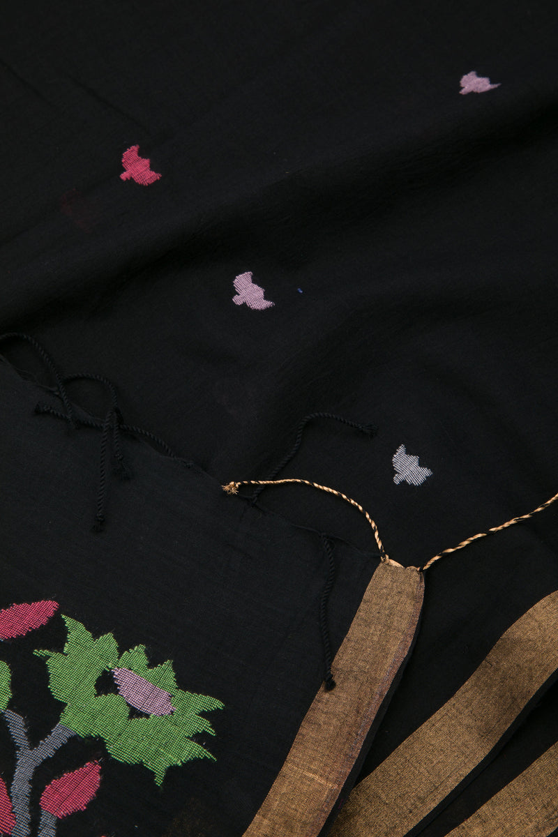 Black floral jamdani khadi cotton saree 