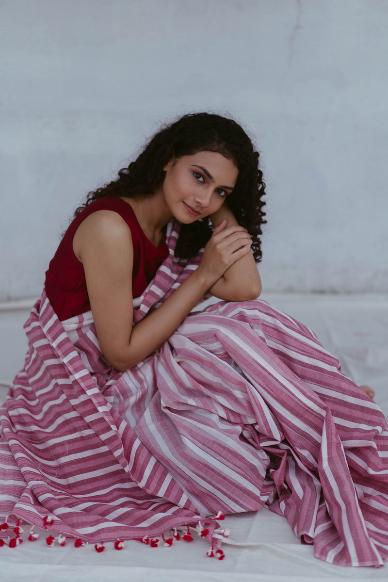 Elegant rose pink striped cotton saree for summer wear