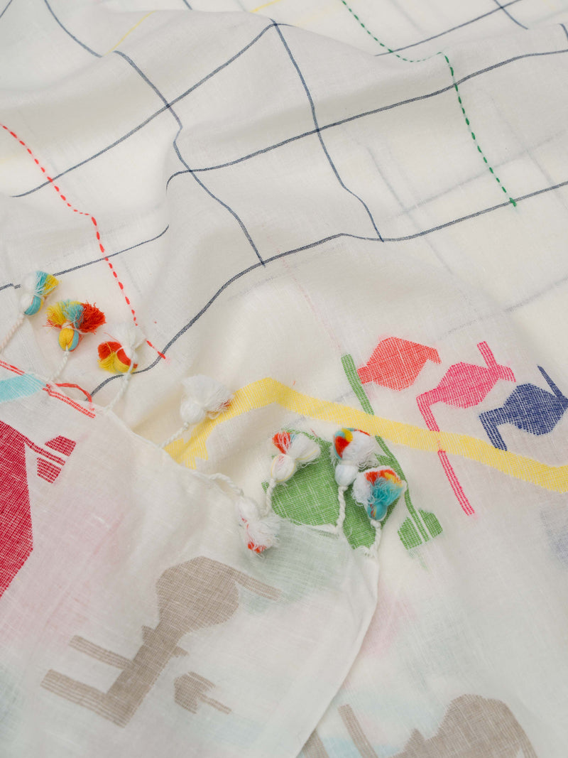Elegant white and multicolor cotton saree with colorful checks and tassel detailing by varsaaedit
