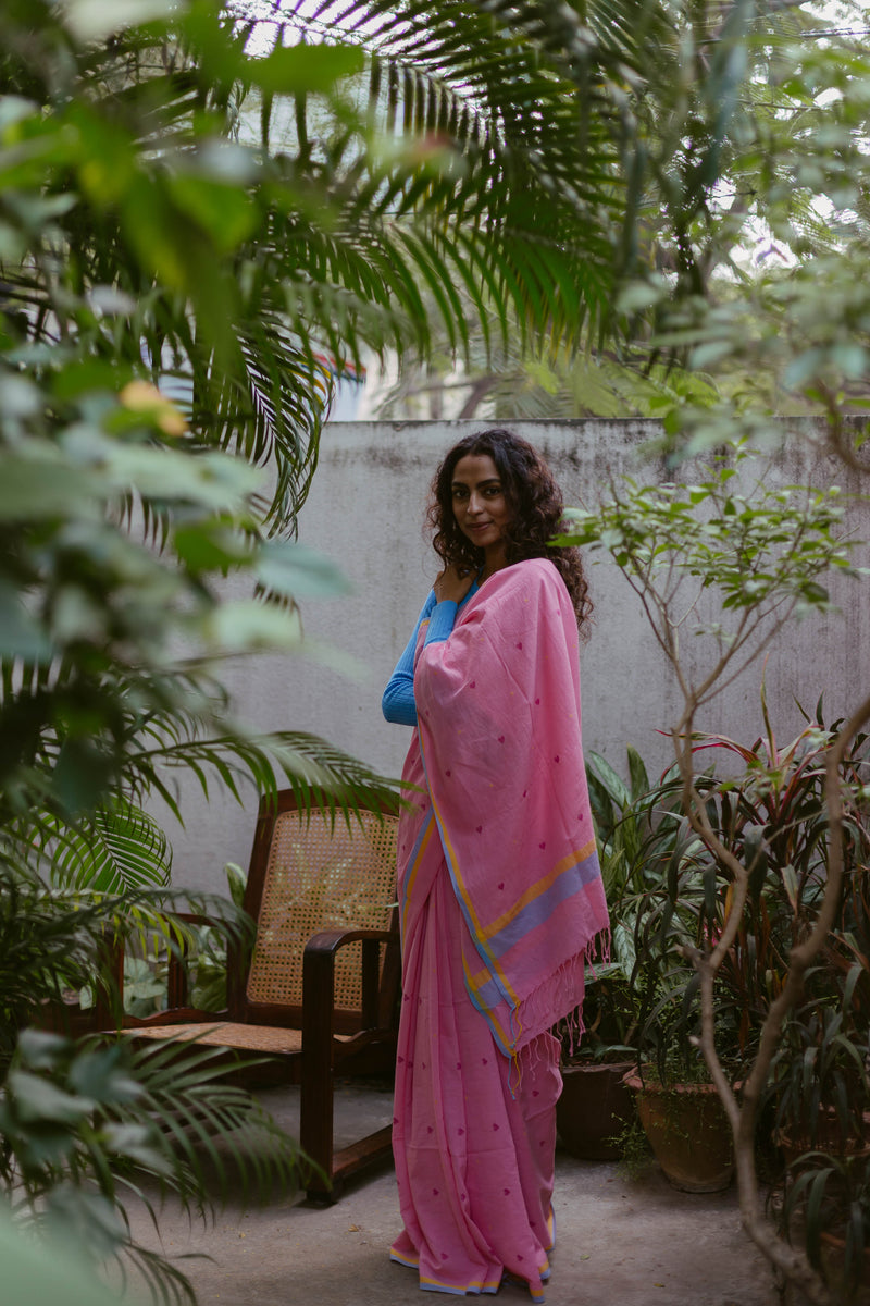 Sustainable handloom Jamdani cotton saree in pink with hearts