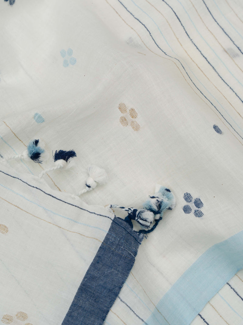 Flat lay of the white and indigo Jamdani saree showcasing its intricate patterns from varsaaedit