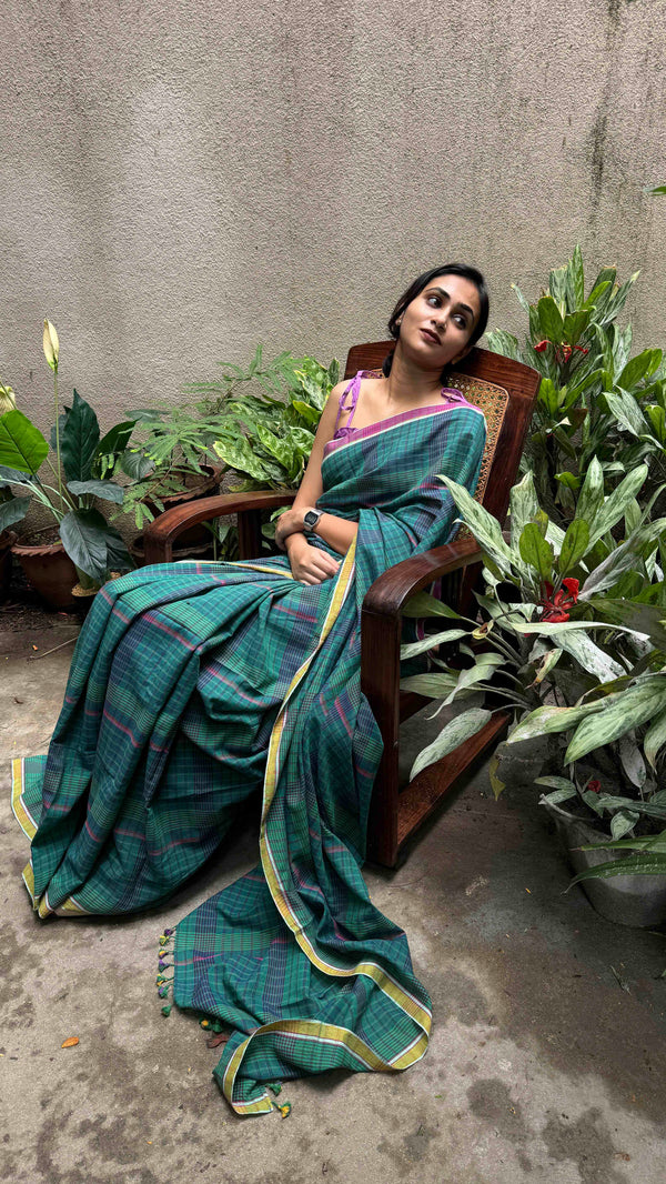 Handloom cotton saree in green and blue checked khadi design – breathable daily wear