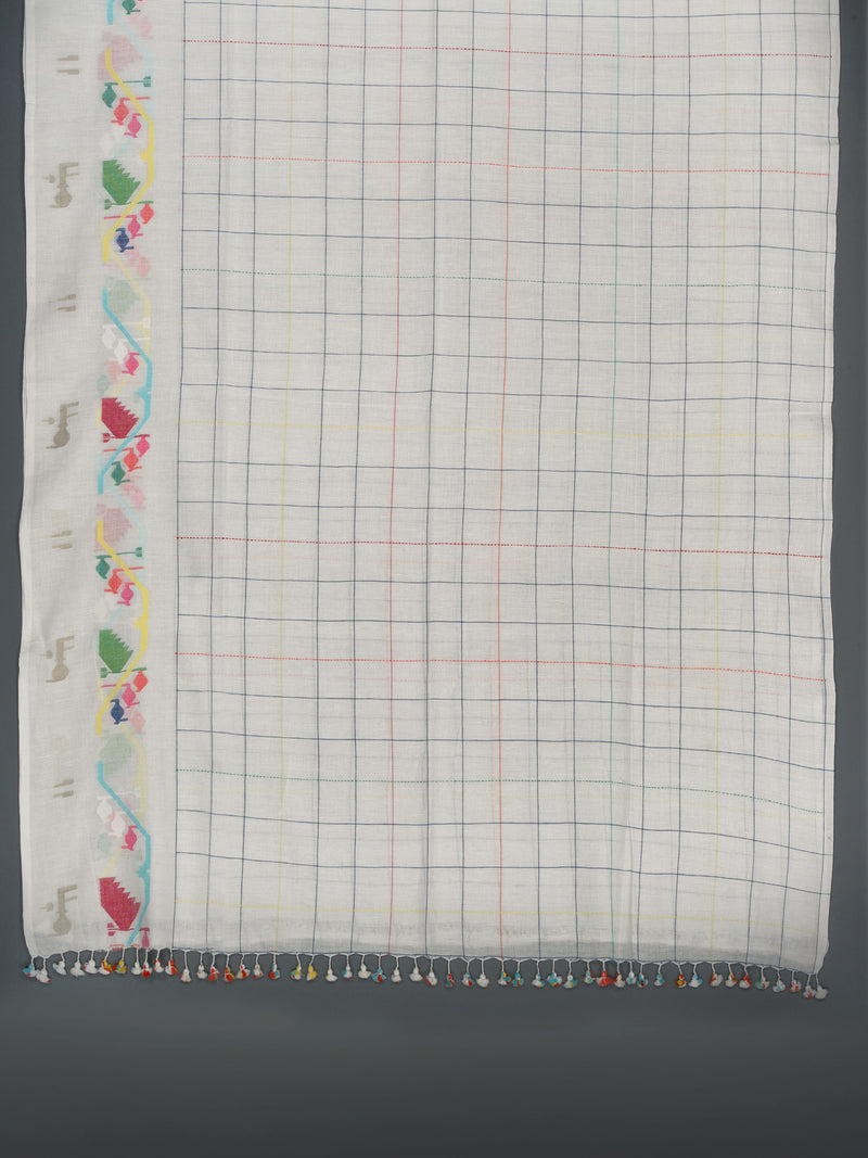 Handcrafted Jamdani cotton saree with colorful geometric checks and hand-stitched border accents by varsaaedit
