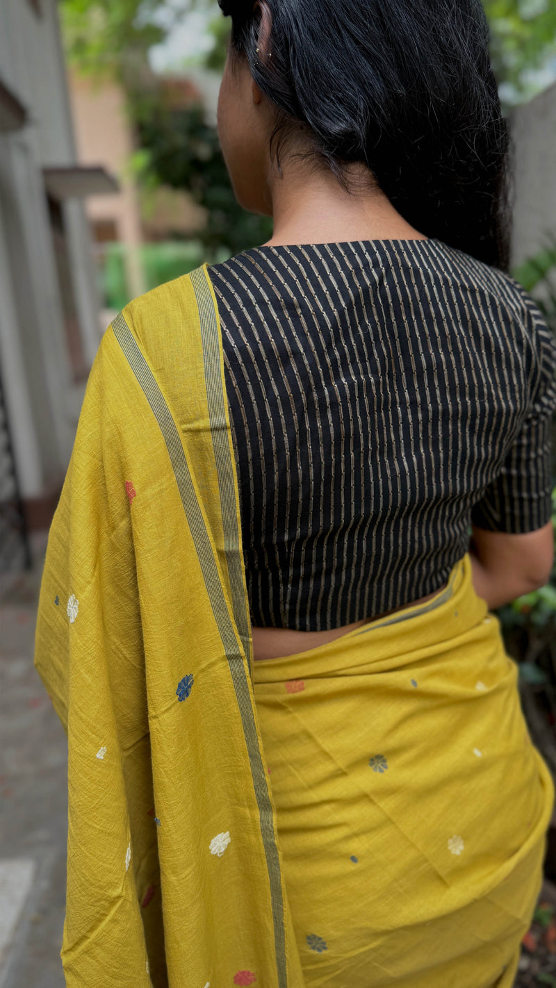 Handloom Cotton Saree with Multicolour Floral Design and Yellow Base