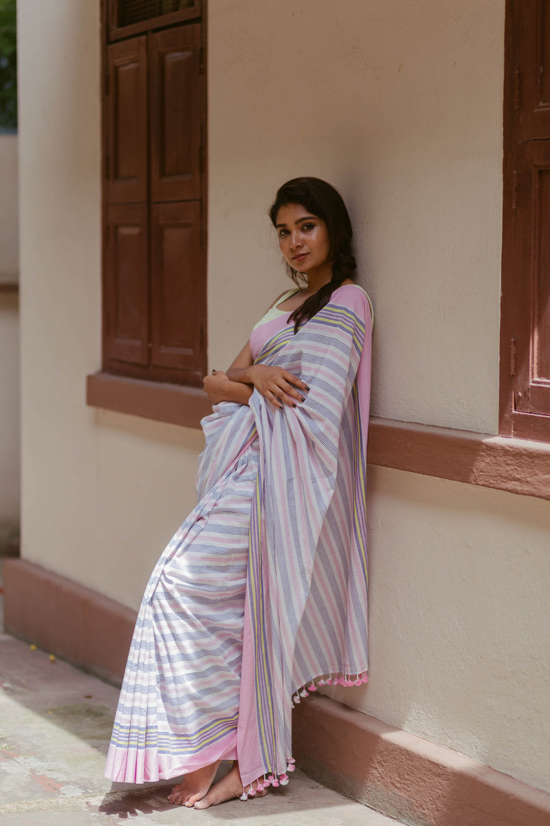 Sustainable multicolor pastel cotton saree with handloom stripes