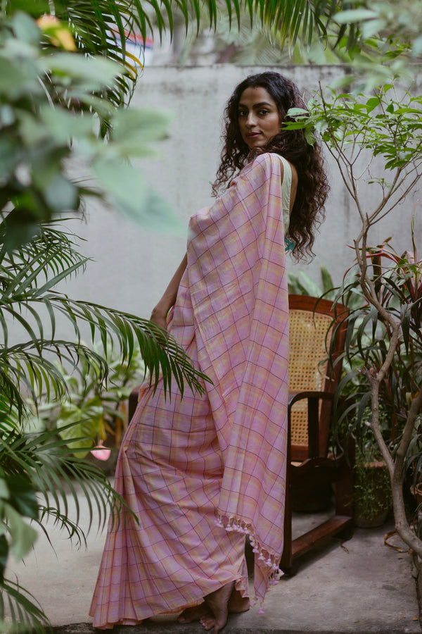Lightweight summer cotton saree in pink and yellow checkered design