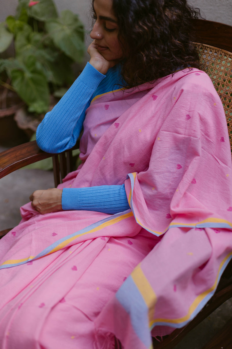 Elegant Jamdani Saree in pink cotton with heart patterns for festive wear