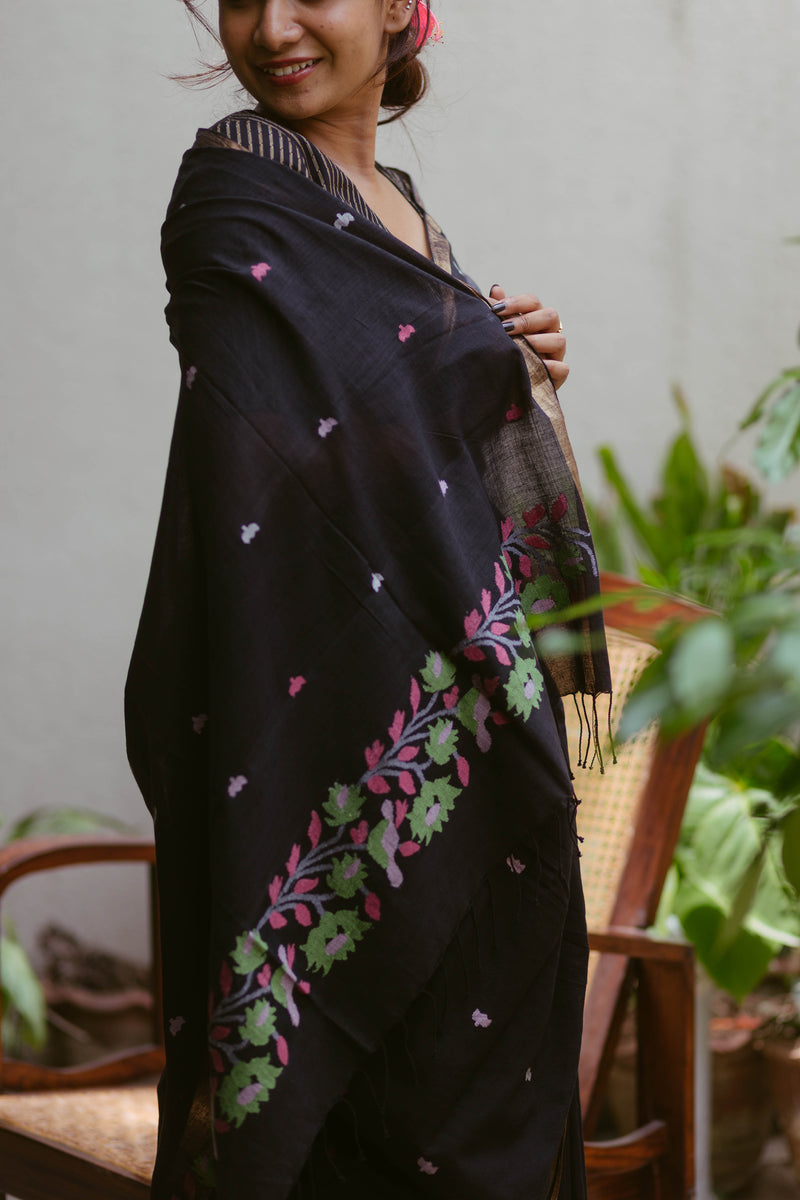 Traditional Khadi Black Saree with Golden Zari Edge and Floral Motifs